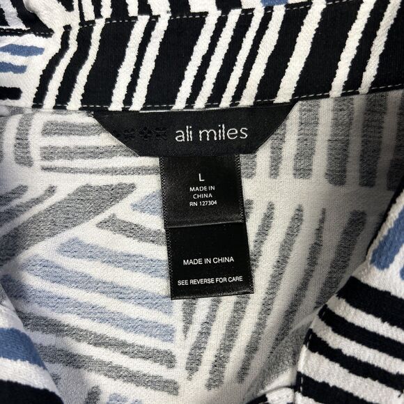 Ali Miles Top Shirt Womens Large Blue White Black Tunic 3/4 Sleeves Asymmetric - Picture 2 of 11